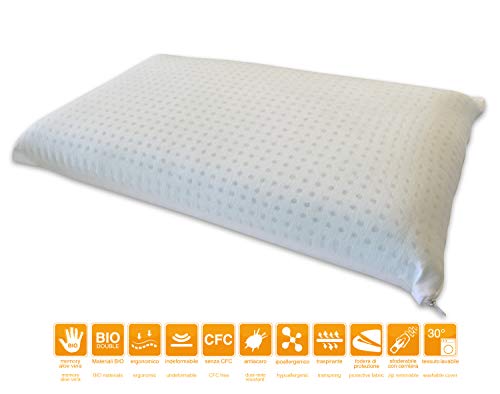 Marcapiuma – Par de Almohadas de Memory Bio, Doble Aloe, Modelo jabón Perforado de 14 cm de Alto – Almohada Memory Aloe Vera ortopédica Funda Protectora 100% algodón Dispositivo médico Made in Italy