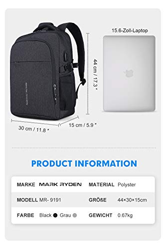MARK RYDEN Mochila para portátil Mochila de Negocios Impermeable para Hombre Mochila Escolares con Puerto de USB para Ordenador 15.6 Pulgadas Viajes Trabajo