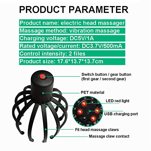 Masajeador De Cabeza, Masajeador Electrico Capilar con Luz LED Roja Y 2 Modos De Masaje Masajeador De Cabeza Vibrante Puede Estimular El Cabello Y La Relajación Profunda,Blanco