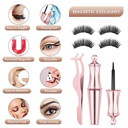 Masstimo Pestañas Magneticas Delineador, 3D Pestañas Postizas Naturales Magnéticas, Delineador de ojos magnético con pestañas magnéticas, No se Necesita Pegamento, Reutilizables（4 pares）