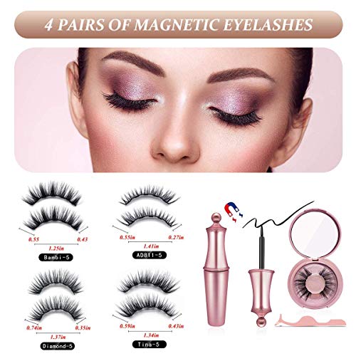 Masstimo Pestañas Magneticas Delineador, 3D Pestañas Postizas Naturales Magnéticas, Delineador de ojos magnético con pestañas magnéticas, No se Necesita Pegamento, Reutilizables（4 pares）