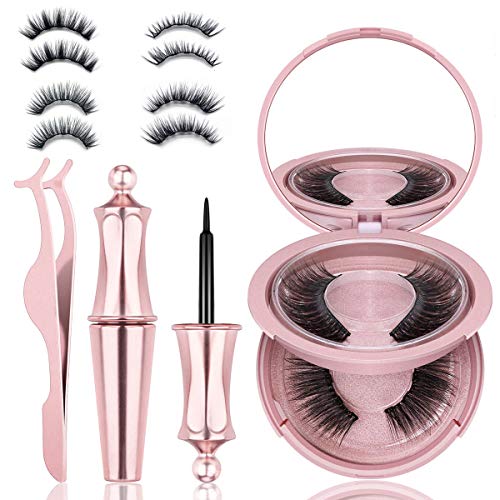 Masstimo Pestañas Magneticas Delineador, 3D Pestañas Postizas Naturales Magnéticas, Delineador de ojos magnético con pestañas magnéticas, No se Necesita Pegamento, Reutilizables（4 pares）