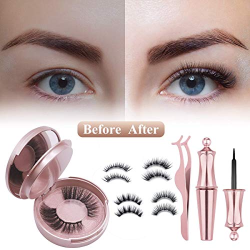Masstimo Pestañas Magneticas Delineador, 3D Pestañas Postizas Naturales Magnéticas, Delineador de ojos magnético con pestañas magnéticas, No se Necesita Pegamento, Reutilizables（4 pares）