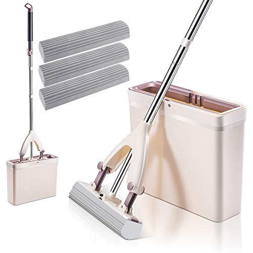 MASTERTOP Fregona de Esponja Súper Absorbente y Juego de Cubetas para Escurrir sin Lavado a Mano y Cubeta con 3 Almohadillas Reutilizables para Pisos de Cocina, Baño, Oficina y Vidrio