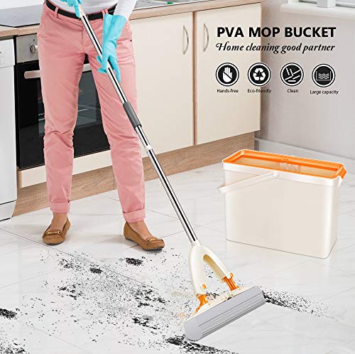 Mastertop - Juego de mopa y cubo con 3 cabezales de esponja de PVA, fregona y sistema de cubo para limpieza de suelo