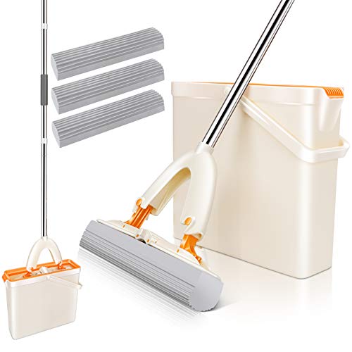 Mastertop - Juego de mopa y cubo con 3 cabezales de esponja de PVA, fregona y sistema de cubo para limpieza de suelo