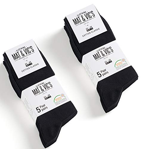 Mat & Vic’s Calcetines Clásicos de Vestir para Hombre y Mujer, Algodón, Certificado Oeko-Tex 100, cómodos (10 pares, negro, UK 12-15 / EU 47-50)