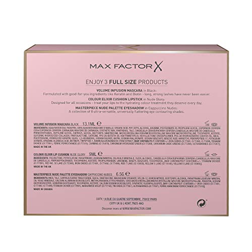 Max Factor - Set de regalo para el Día de la Madre Make It Her Moment con paleta Masterpiece, pintalabios líquido Colour Elixir Lip Cushion y máscara de infusión de volumen