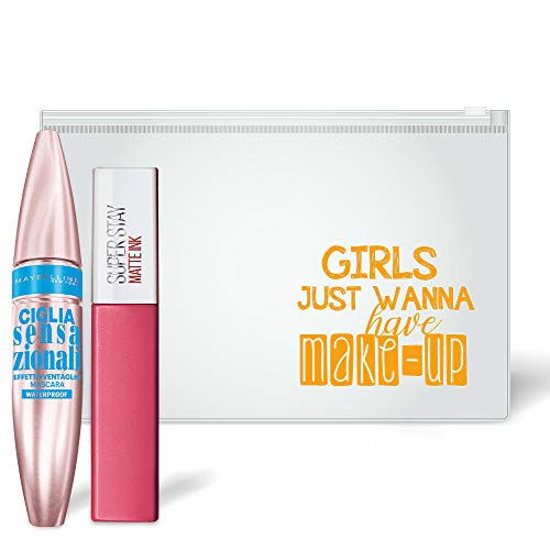 Maybelline New York - Neceser con máscara y lápiz Labial líquido, Bolsa de máscara Wtp y Lover 15, 100 g