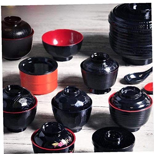 MaylFre Sopa De Plástico Negro Rojo Japonés del Cuenco De Arroz Japonés Tradicional Estilo De Miso Soup Bowl Textura Laca Tazón W/Tapa