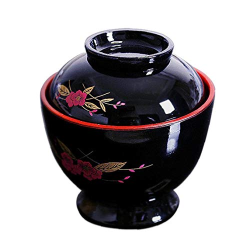 MaylFre Sopa De Plástico Negro Rojo Japonés del Cuenco De Arroz Japonés Tradicional Estilo De Miso Soup Bowl Textura Laca Tazón W/Tapa