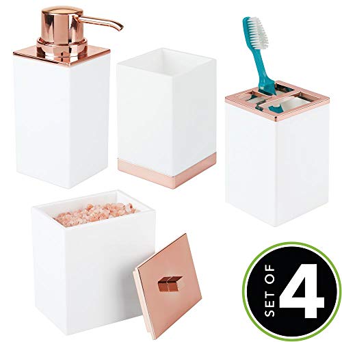 mDesign Accesorios para el baño – Porta cepillos de Dientes, dosificador de jabón, Recipiente con Tapa y Vaso – Fabricados en plástico Resistente Libre de BPA – Juego de 4 – Blanco/Dorado Rojizo