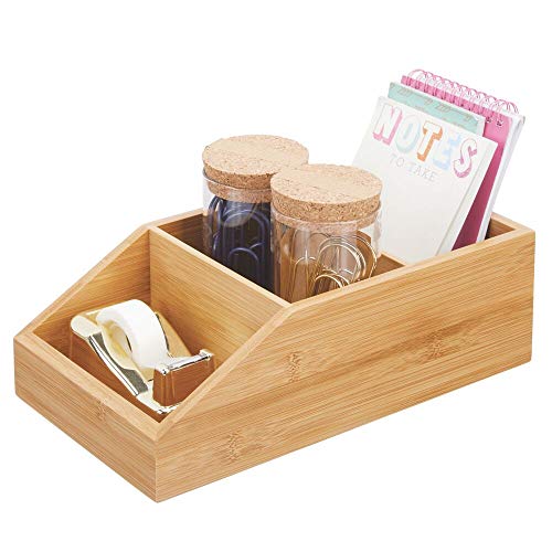 mDesign Caja organizadora grandes de madera de bambú – Organizador de escritorio abierto con 3 compartimentos – Caja de madera ecológica para blocs de notas, clips y demás – color natural
