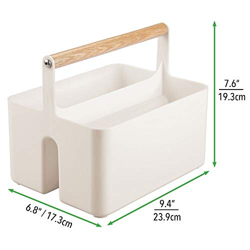 mDesign Cesta con asa para el cuarto del bebé – Caja organizadora de plástico sin BPA con asa de madera para biberones, pañales y más – Organizador de juguetes portátil con 2 apartados – crema