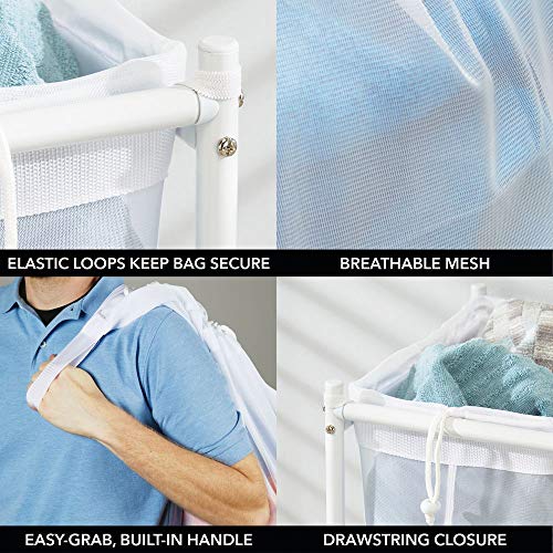 mDesign Cesto para ropa sucia para baño o lavadero – Bolsa para la colada de tejido de malla transpirable – Mueble de baño de metal para guardar ropa sucia y ahorrar espacio – blanco