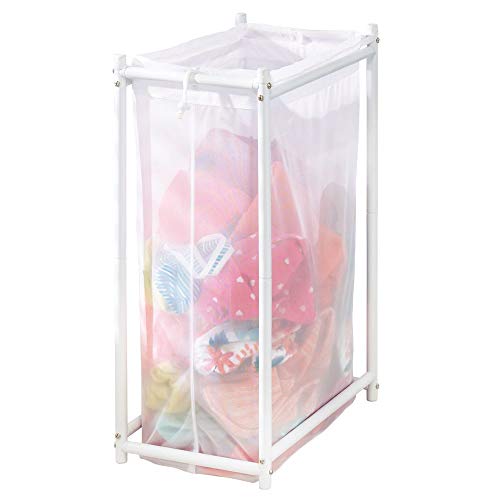 mDesign Cesto para ropa sucia para baño o lavadero – Bolsa para la colada de tejido de malla transpirable – Mueble de baño de metal para guardar ropa sucia y ahorrar espacio – blanco