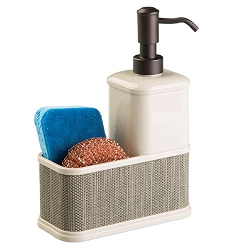 mDesign Dispensador de jabón recargable - Dosificador de jabón líquido - Con porta esponja - Color champaña