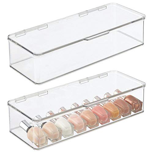 mDesign Juego de 2 cajas organizadoras para cosméticos – Organizador de maquillaje de plástico apilable – Caja con tapa para guardar maquillaje, sombras de ojos, etc. – transparente