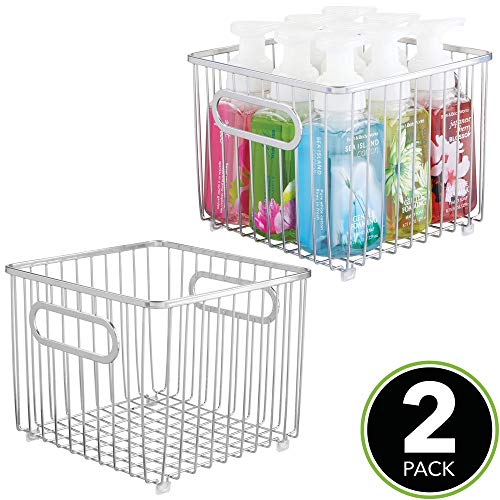 mDesign Juego de 2 cestas de almacenaje en metal con asas integradas – Caja organizadora pequeña con atractivo diseño de alambre – Ideal como organizador de baño para cosméticos – plateado