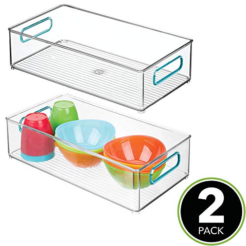 mDesign Juego de 2 cestas organizadoras para el cuarto del bebé – Amplio contenedor plástico con prácticas asas – Caja para juguetes, peluches o pañales en plástico libre de BPA – transparente/azul
