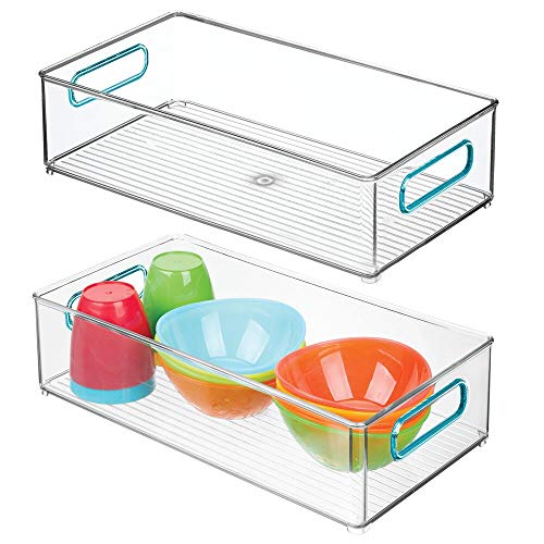 mDesign Juego de 2 cestas organizadoras para el cuarto del bebé – Amplio contenedor plástico con prácticas asas – Caja para juguetes, peluches o pañales en plástico libre de BPA – transparente/azul