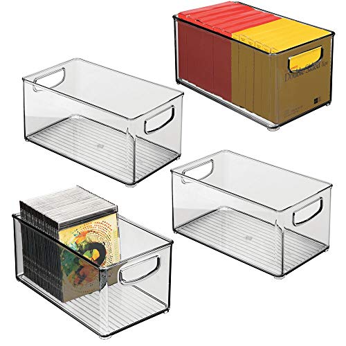 mDesign Juego de 4 cajas organizadoras con asas integradas – Caja de almacenaje para utensilios de cocina, baño o material de oficina – Organizador de escritorio en plástico – gris/transparente