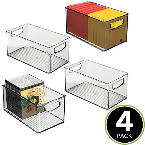 mDesign Juego de 4 cajas organizadoras con asas integradas – Caja de almacenaje para utensilios de cocina, baño o material de oficina – Organizador de escritorio en plástico – gris/transparente