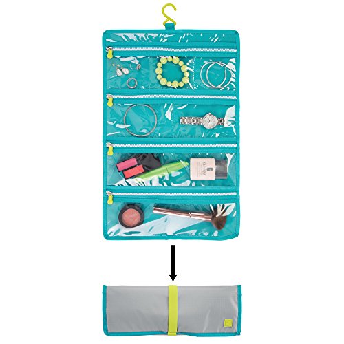 mDesign Neceser de Viaje para Colgar – Bolsa de Aseo Colgante en poliéster y plástico – Organizador de baño para Viaje con Cierre de Cremallera y Muchos Bolsillos – Gris/Turquesa/Verde Lima