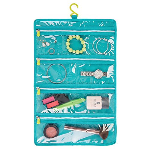 mDesign Neceser de Viaje para Colgar – Bolsa de Aseo Colgante en poliéster y plástico – Organizador de baño para Viaje con Cierre de Cremallera y Muchos Bolsillos – Gris/Turquesa/Verde Lima