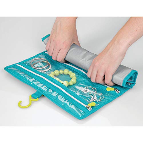 mDesign Neceser de Viaje para Colgar – Bolsa de Aseo Colgante en poliéster y plástico – Organizador de baño para Viaje con Cierre de Cremallera y Muchos Bolsillos – Gris/Turquesa/Verde Lima