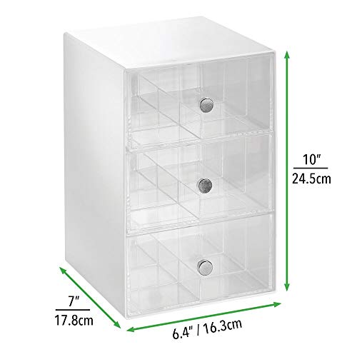 mDesign Organizador de cocina con 3 cajones de plástico – Mini cajonera para bolsas de té, sobres de café, edulcorantes y más – Caja de té en plástico con 18 compartimentos – blanco y transparente