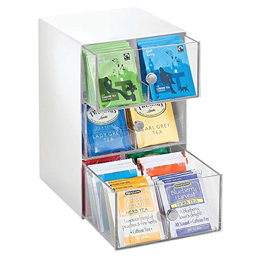 mDesign Organizador de cocina con 3 cajones de plástico – Mini cajonera para bolsas de té, sobres de café, edulcorantes y más – Caja de té en plástico con 18 compartimentos – blanco y transparente