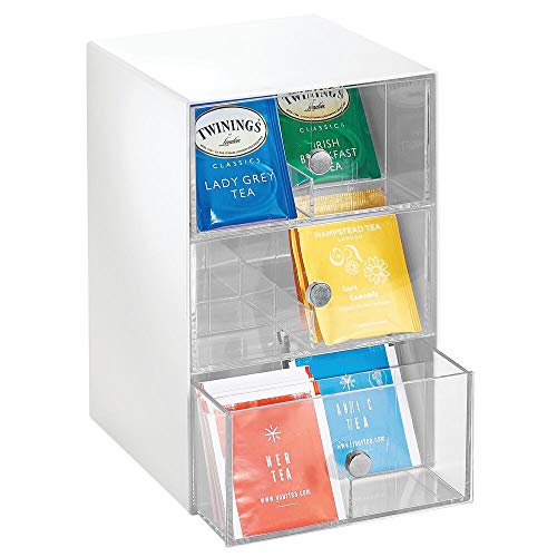 mDesign Organizador de cocina con 3 cajones de plástico – Mini cajonera para bolsas de té, sobres de café, edulcorantes y más – Caja de té en plástico con 18 compartimentos – blanco y transparente