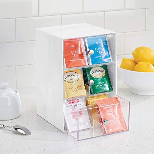 mDesign Organizador de cocina con 3 cajones de plástico – Mini cajonera para bolsas de té, sobres de café, edulcorantes y más – Caja de té en plástico con 18 compartimentos – blanco y transparente