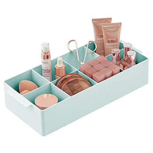 mDesign Organizador de Maquillaje con 8 apartados – Caja con Compartimentos para Guardar cosméticos, pintaúñas, labiales y más – Expositor de Maquillaje con Asas para Lavabo o cómoda – Verde Menta