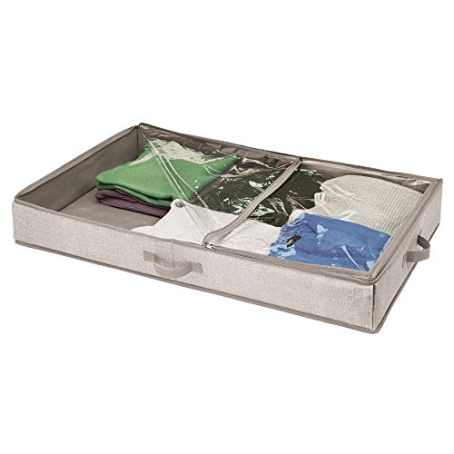 mDesign Organizador de ropa y zapatos para ubicar debajo de la cama – Guarda zapatos de polipropileno – Cajones bajo cama con tapa transparente y cierre con cremallera – beige