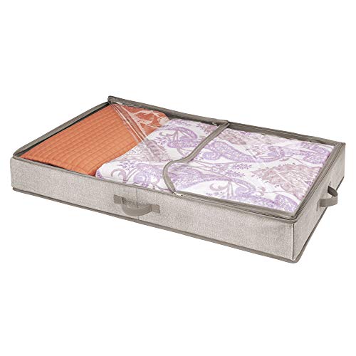 mDesign Organizador de ropa y zapatos para ubicar debajo de la cama – Guarda zapatos de polipropileno – Cajones bajo cama con tapa transparente y cierre con cremallera – beige