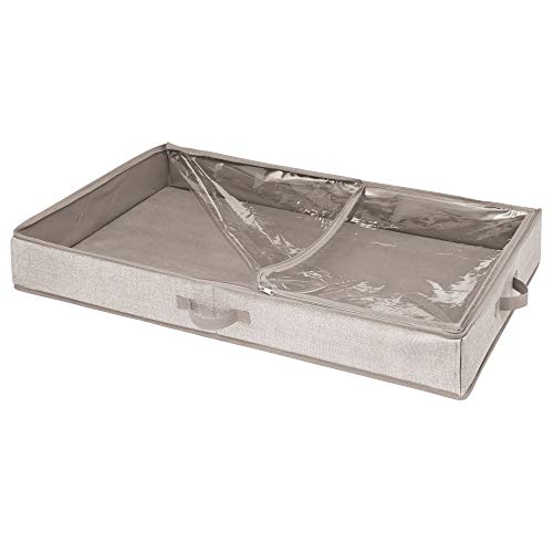 mDesign Organizador de ropa y zapatos para ubicar debajo de la cama – Guarda zapatos de polipropileno – Cajones bajo cama con tapa transparente y cierre con cremallera – beige