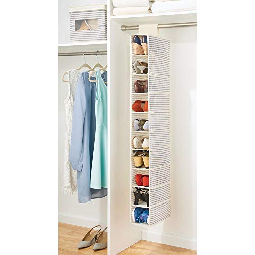 mDesign Organizador de zapatos para armario – Muebles zapateros para colgar con 10 compartimentos – Estanterías para zapatos, bolsos o carteras para ahorrar espacio con diseño de rayas – blanco y azul