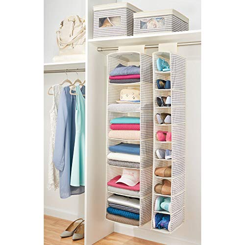 mDesign Organizador de zapatos para armario – Muebles zapateros para colgar con 10 compartimentos – Estanterías para zapatos, bolsos o carteras para ahorrar espacio con diseño de rayas – blanco y azul