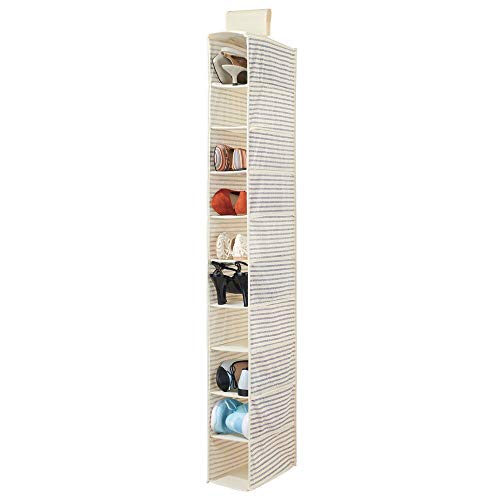 mDesign Organizador de zapatos para armario – Muebles zapateros para colgar con 10 compartimentos – Estanterías para zapatos, bolsos o carteras para ahorrar espacio con diseño de rayas – blanco y azul