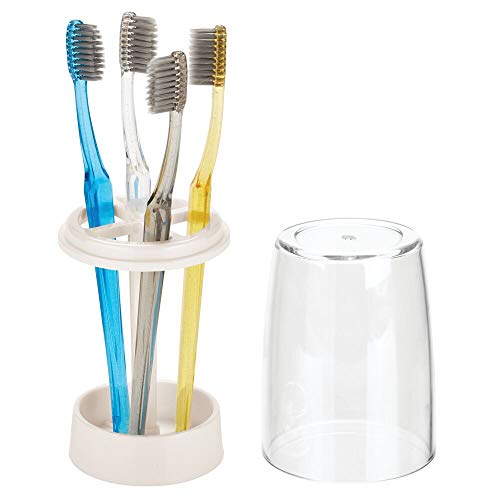 mDesign Portacepillos con vaso para baño – Excelente vaso para cepillo de dientes y enjuague bucal – Soporte para cepillos de dientes con tapadera en plástico – transparente y crema