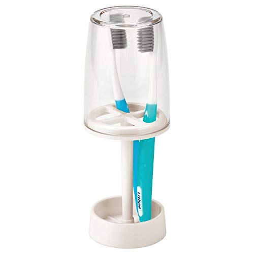 mDesign Portacepillos con vaso para baño – Excelente vaso para cepillo de dientes y enjuague bucal – Soporte para cepillos de dientes con tapadera en plástico – transparente y crema