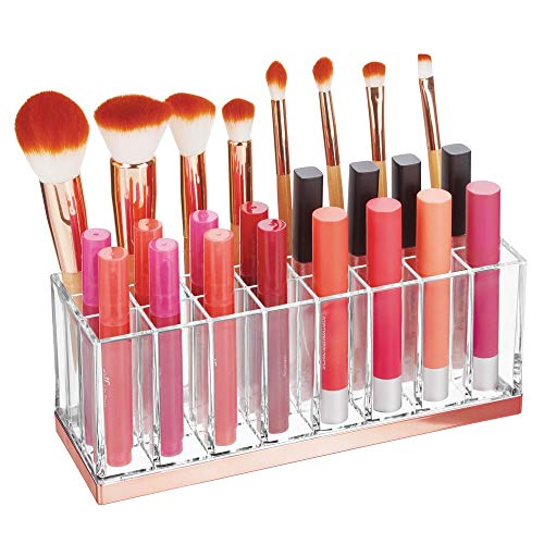 mDesign Práctico organizador de maquillaje – Decorativa caja para guardar cosméticos como esmaltes de uñas o labiales – Expositor de maquillaje con 24 compartimentos – transparente/dorado rojizo