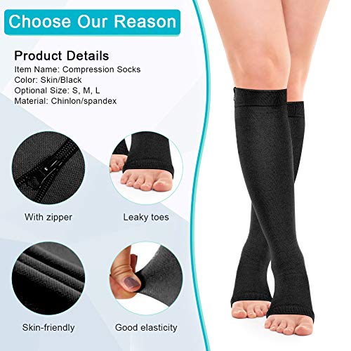 Medias de Compresión con Cremallera, Calcetines de Compresión con Punta Abierta Calce de Pantorrilla Soporte para Aliviar la Fatiga de Las Piernas, Los Pies Doloridos y Los Tobillos Hinchados, L