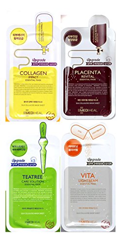 Mediheal - Máscara facial coreana 4 unidades: colágeno, placenta revital, árbol de té, vitamina rayo de luz, hidratante, antienvejecimiento, rejuvenecedora