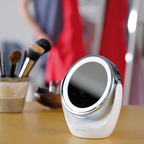 Medisana CM 835 Espejo de maquillaje redondo, Espejo de mesa con iluminación LED y 5 aumentos - Espejo de maquillaje con función de giro de 360°