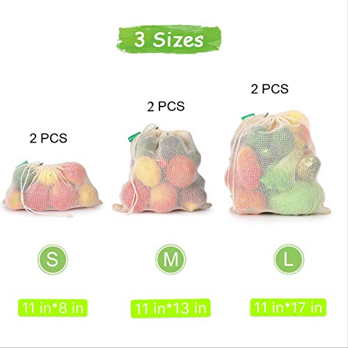 Meiruier Bolsa Reutilizable Algodon de Vegetales,Bolsa de malla lavable,Bolsas Reutilizables Compra, Bolsas de Malla Transpirables Adecuado para Frutas y Verduras Productos Frescos (6pc（2*S/2*M/2*L）)