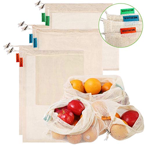 Meiruier Bolsa Reutilizable Algodon de Vegetales,Bolsa de malla lavable,Bolsas Reutilizables Compra, Bolsas de Malla Transpirables Adecuado para Frutas y Verduras Productos Frescos (6pc（2*S/2*M/2*L）)