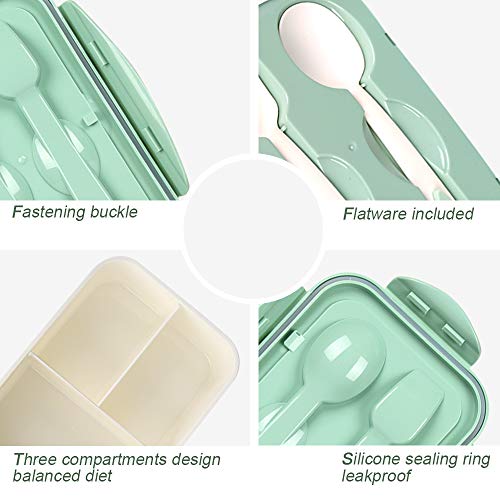 MEIXI Fiambrera Infantil Caja de Bento con 3 Compartimentos y Cubiertos Fiambreras Caja de Alimentos Ideal para Almuerzo y Bocadillos para Niños y Adultos (Verde)